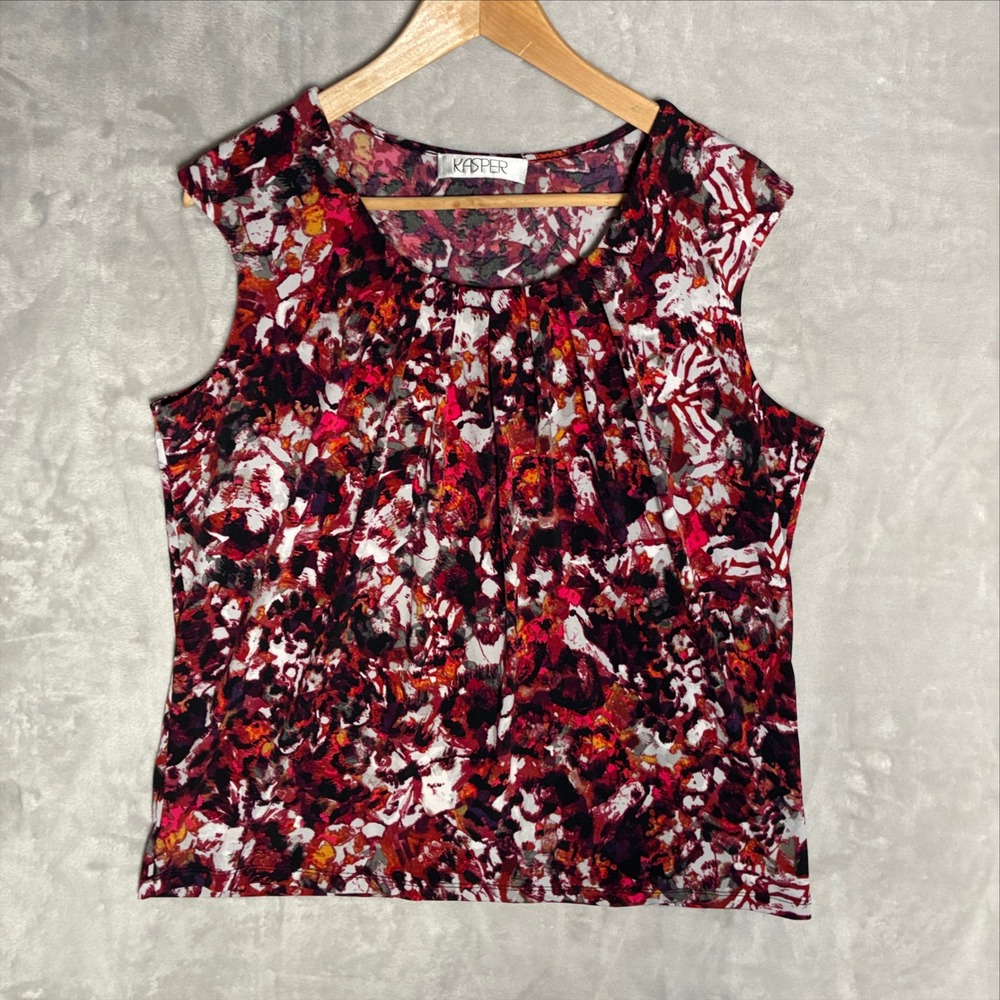 Kasper Womens Red Abstract Floral Pleated Scoop Neck Sleeveless Blouse Top